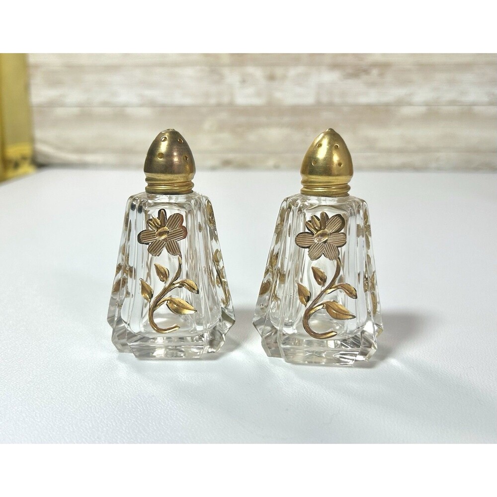 Vintage West Germany Glass Salt Pepper Shakers Gold Tone Flower and Lids